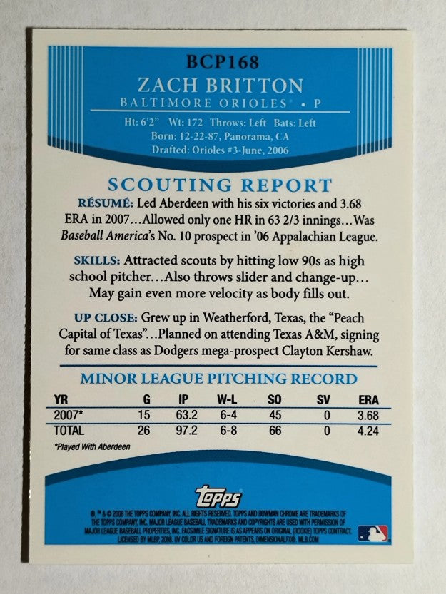 2008 Bowman Chrome Prospects #BCP168 Zach Britton