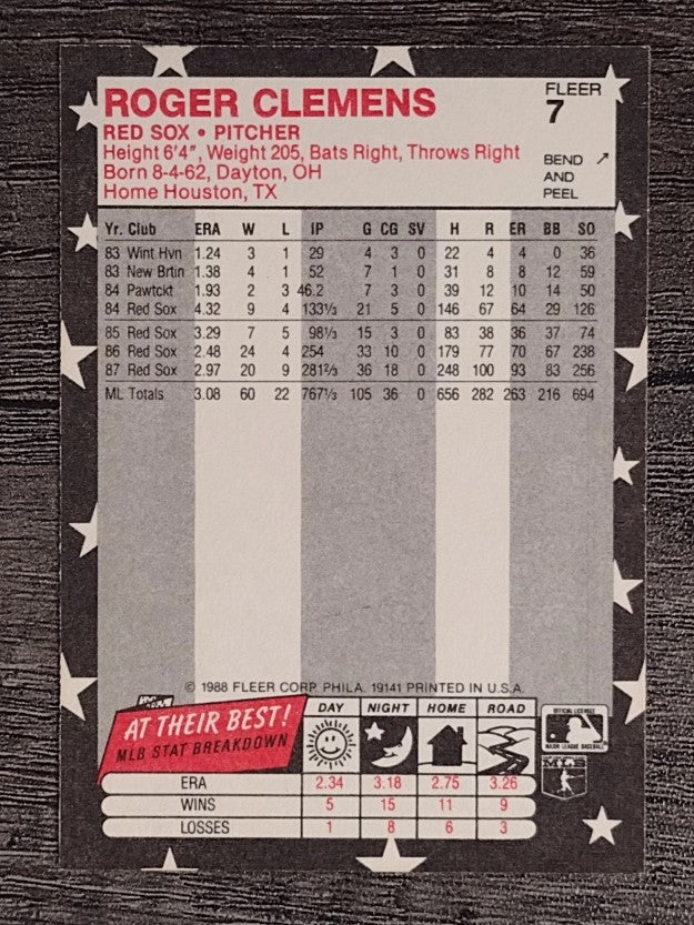 1988 Fleer Star Stickers #7 Roger Clemens