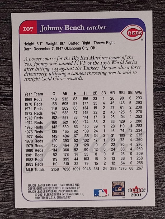 2001 Greats of the Game #107 Johnny Bench (NM)