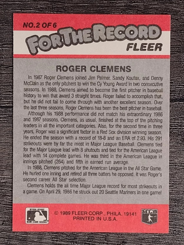 1989 Fleer For The Record #2 Roger Clemens (NM)