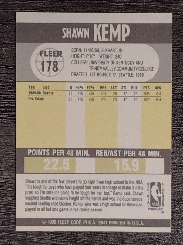 1990-91 Fleer #178 Shawn Kemp RC