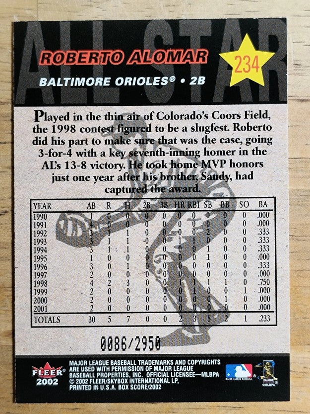 2002 Fleer Box Score #234 Roberto Alomar AS