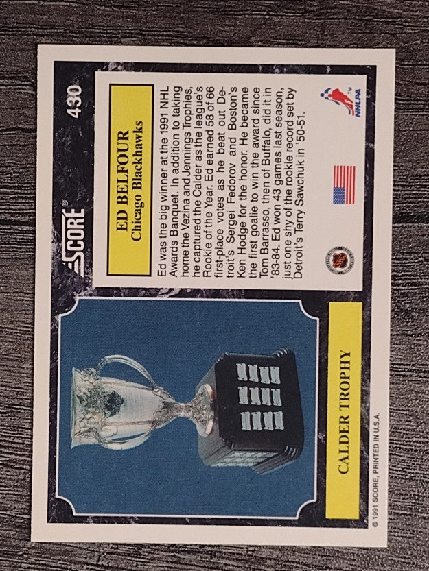 1991-92 Score American #430 Ed Belfour/Calder Trophy