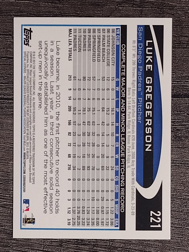 2012 Topps Gold Sparkle #221 Luke Gregerson (NM)