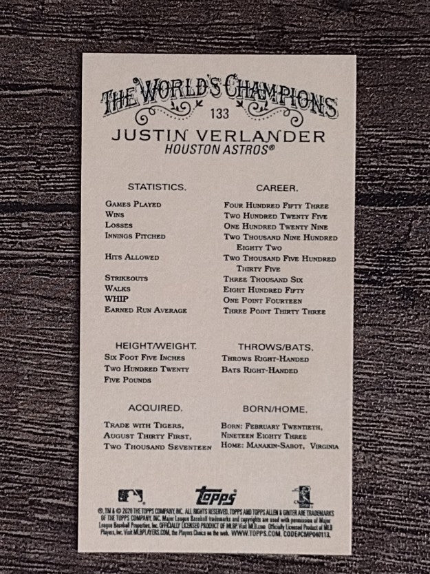 2020 Topps Allen and Ginter Mini #133 Justin Verlander