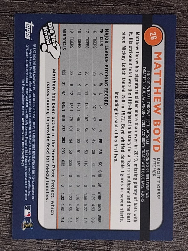 2020 Topps Big League Orange #26 Matthew Boyd