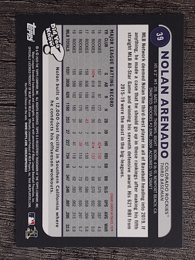 2020 Topps Big League Blue #39 Nolan Arenado
