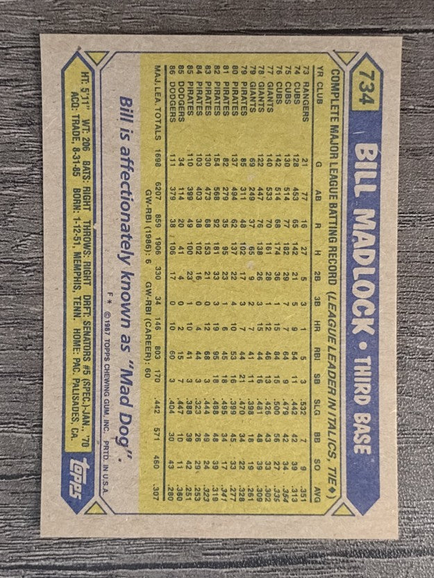 1987 Topps #734 Bill Madlock