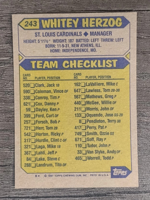 1987 Topps #243 Whitey Herzog MG