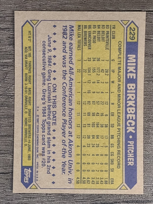 1987 Topps #229 Mike Birkbeck