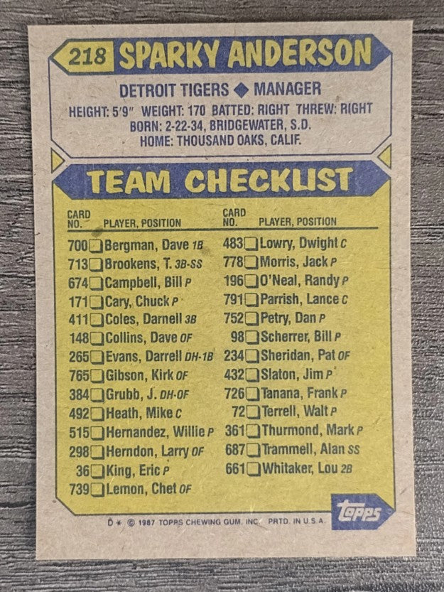 1987 Topps #218 Sparky Anderson MG