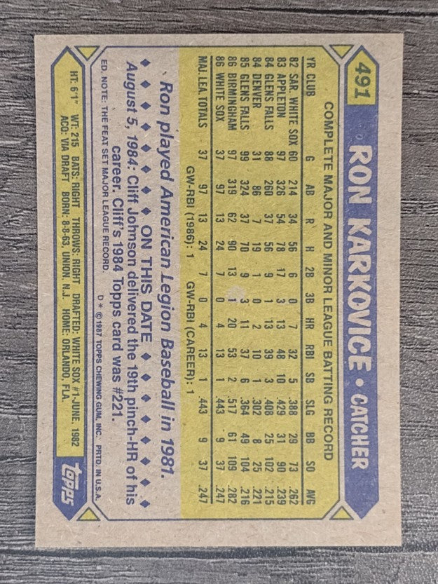 1987 Topps #491 Ron Karkovice RC