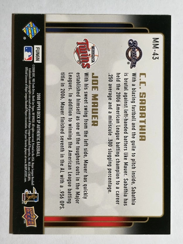 2008 SP Authentic Marquee Matchups #MM43 C.C. Sabathia/Joe Mauer