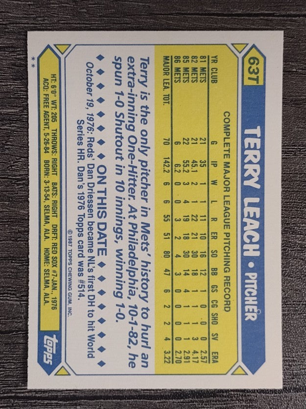 1987 Topps Traded #63T Terry Leach