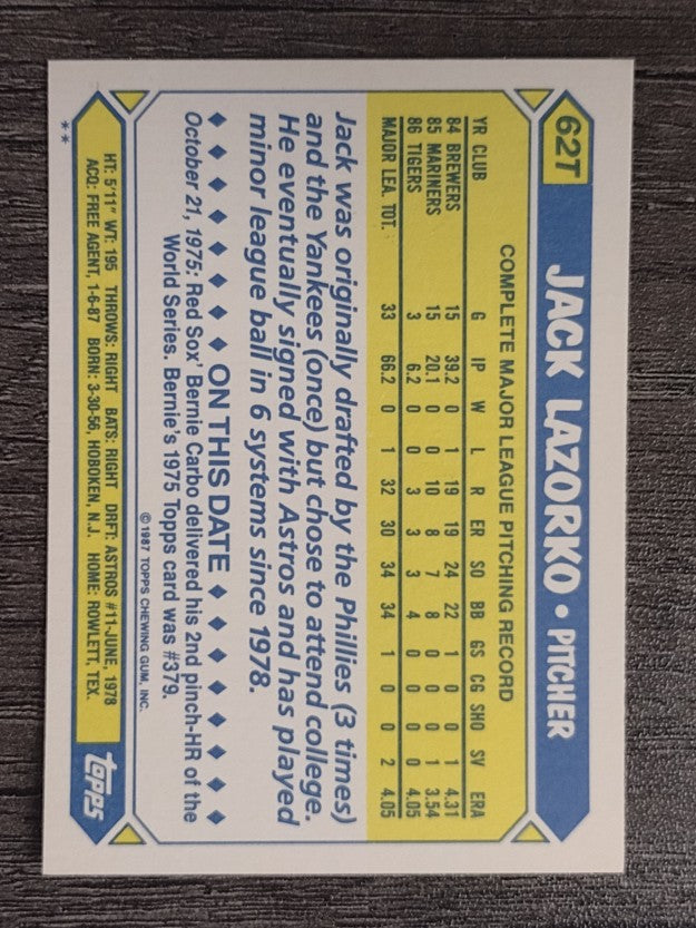 1987 Topps Traded #62T Jack Lazorko