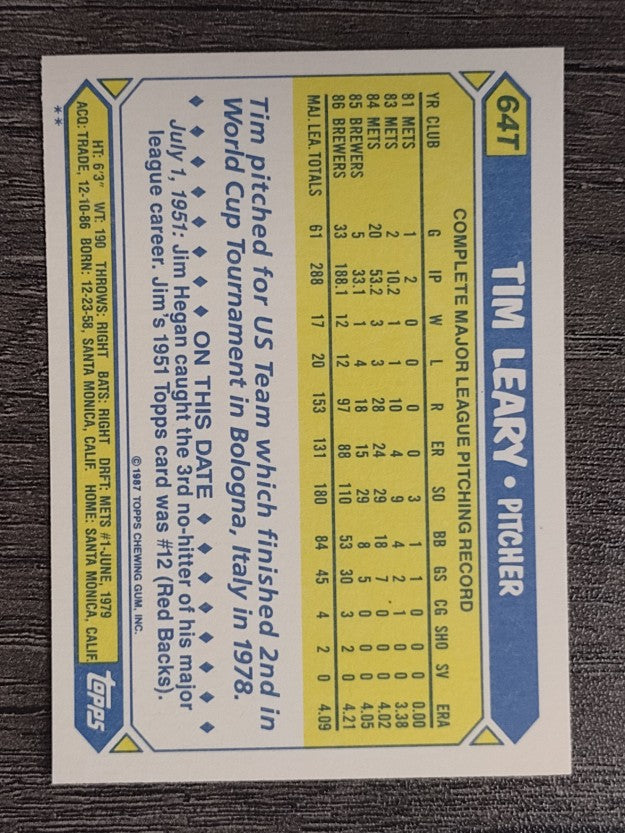 1987 Topps Traded #64T Tim Leary