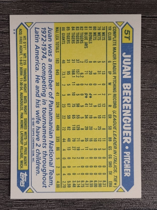 1987 Topps Traded #5T Juan Berenguer