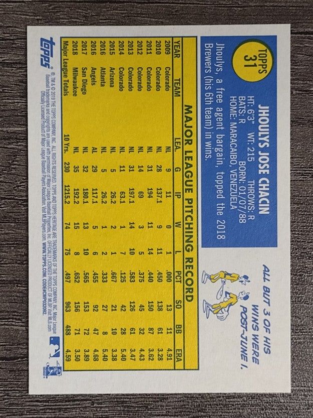 2019 Topps Heritage #31 Jhoulys Chacin