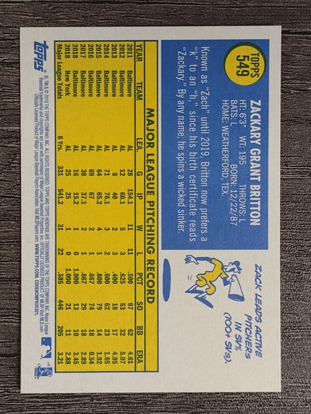 2019 Topps Heritage #549 Zack Britton