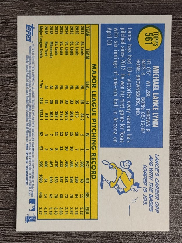 2019 Topps Heritage #561 Lance Lynn