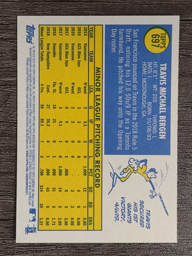 2019 Topps Heritage #697 Travis Bergen RC