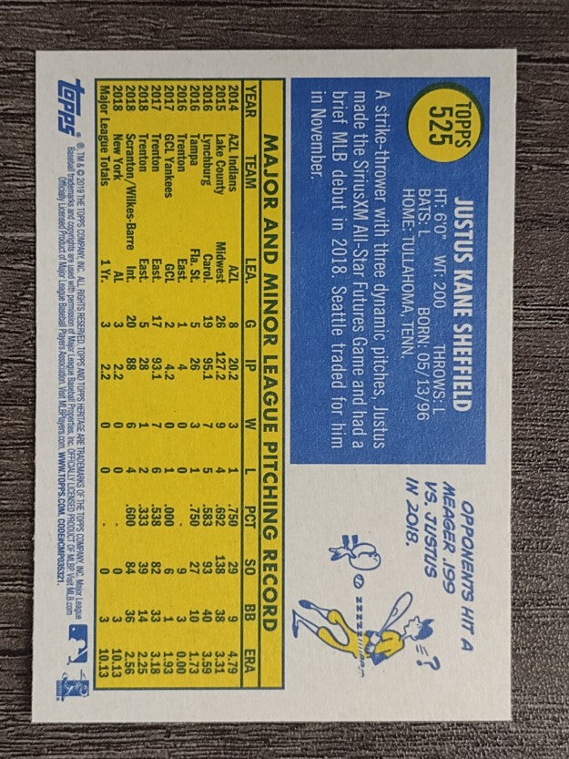 2019 Topps Heritage #525 Justus Sheffield RC