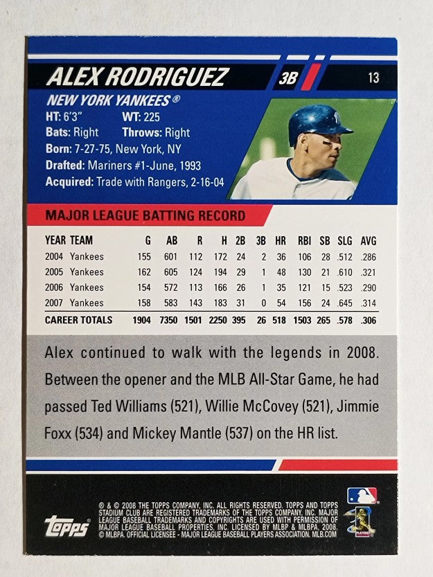 2008 Stadium Club #13 Alex Rodriguez