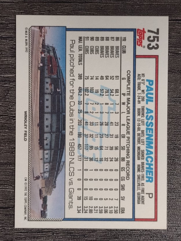 1992 Topps #753 Paul Assenmacher