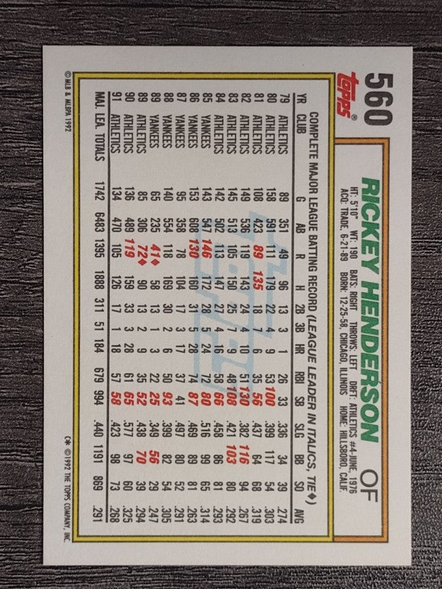 1992 Topps #560 Rickey Henderson