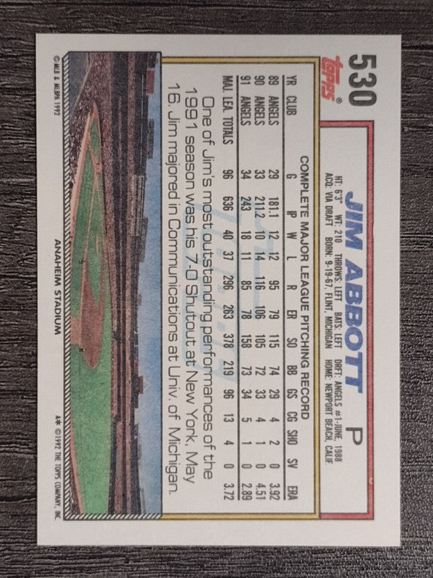 1992 Topps #530 Jim Abbott