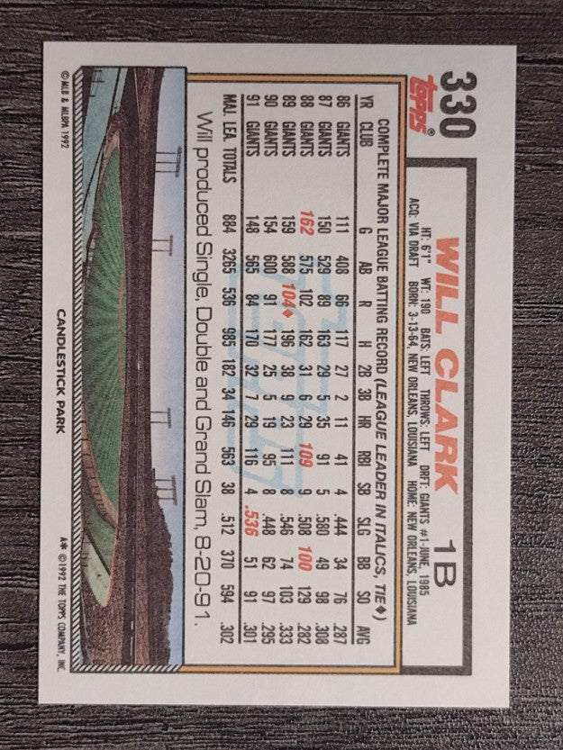 1992 Topps #330 Will Clark