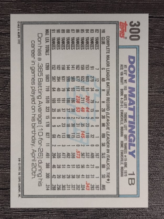1992 Topps #300 Don Mattingly