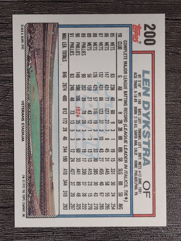1992 Topps #200 Len Dykstra