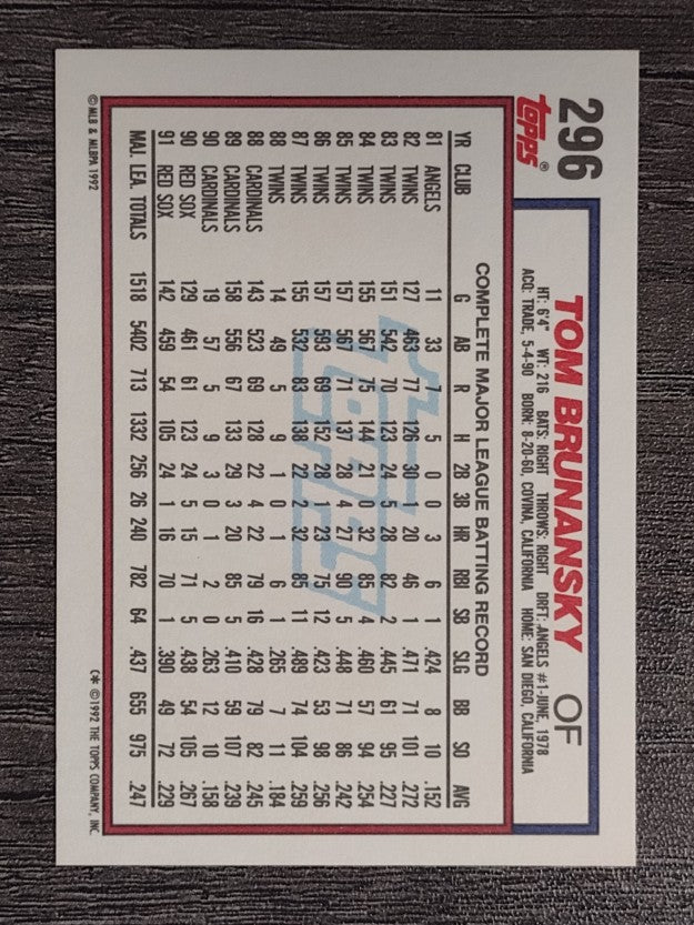 1992 Topps #296 Tom Brunansky