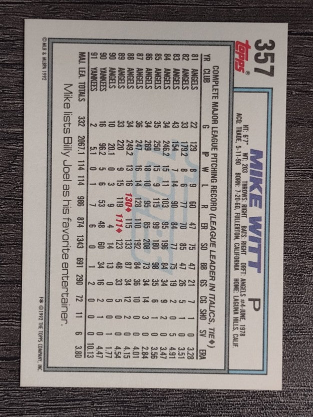 1992 Topps #357 Mike Witt