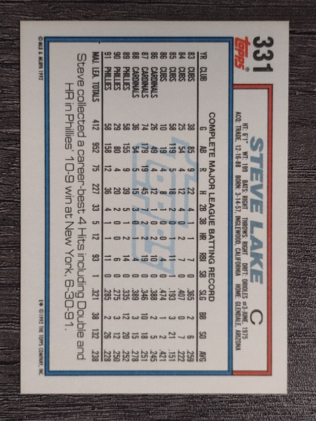 1992 Topps #331 Steve Lake