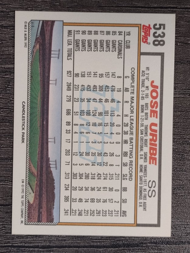 1992 Topps #538 Jose Uribe