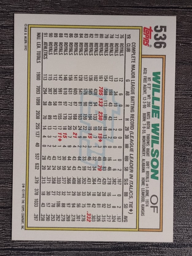 1992 Topps #536 Willie Wilson