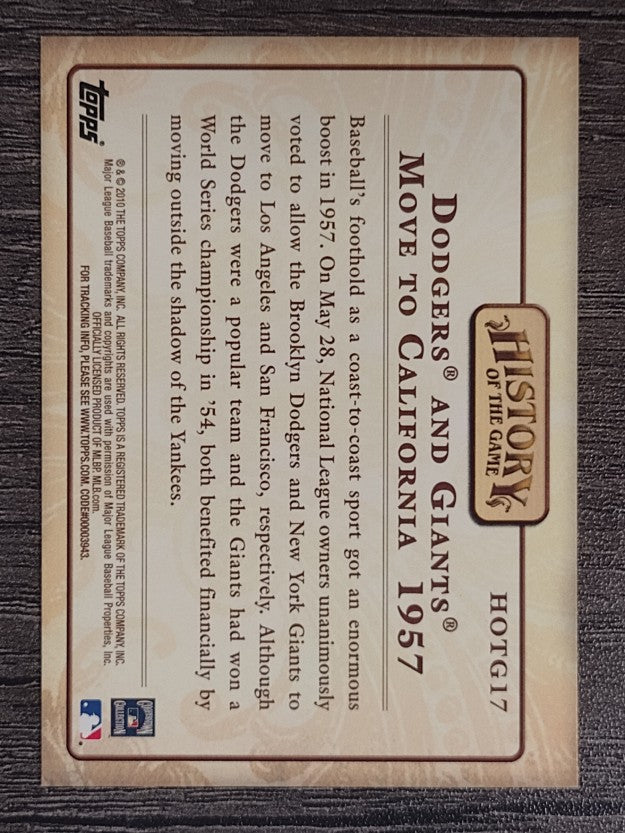 2010 Topps History of the Game #HOG17 Dodgers and Giants move to CA
