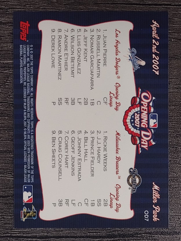 2007 Topps Opening Day Team vs. Team #OD7 Los Angeles Dodgers/Milwaukee Brewers