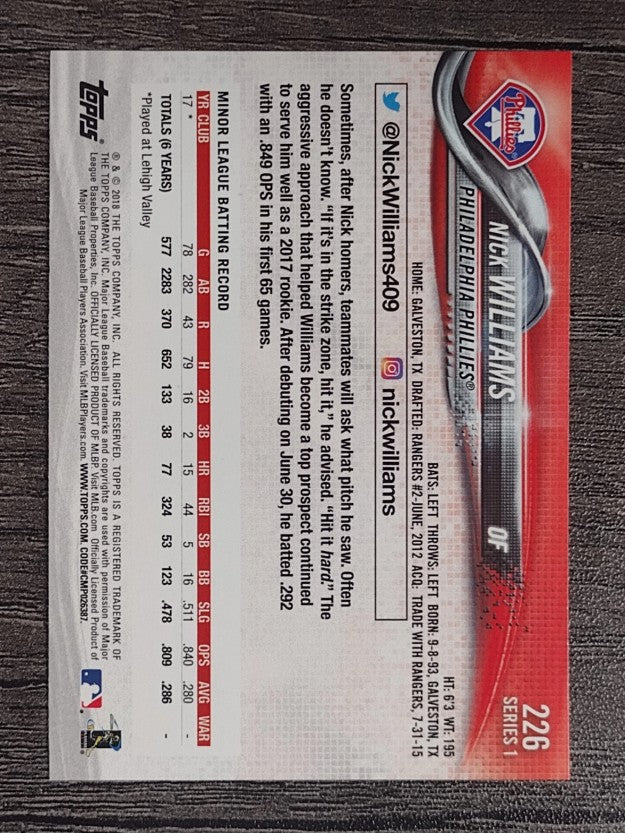 2018 Topps #226 Nick Williams RC