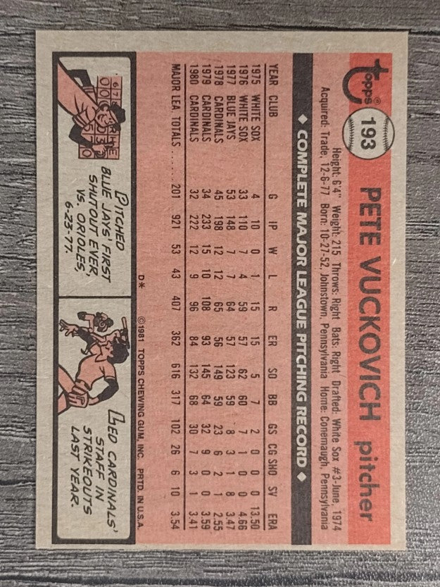 1981 Topps #193 Pete Vuckovich