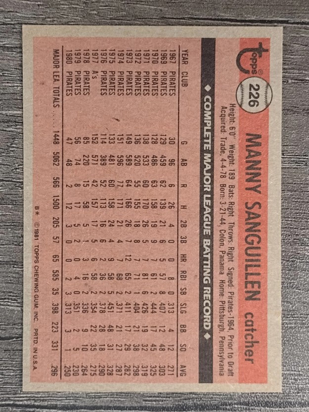 1981 Topps #226 Manny Sanguillen