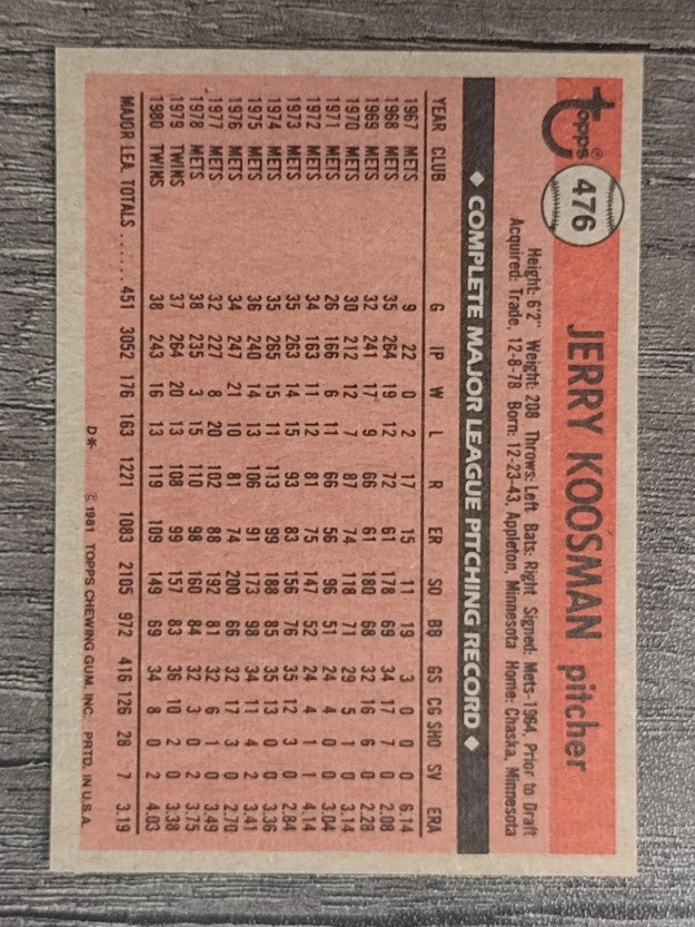 1981 Topps #476 Jerry Koosman