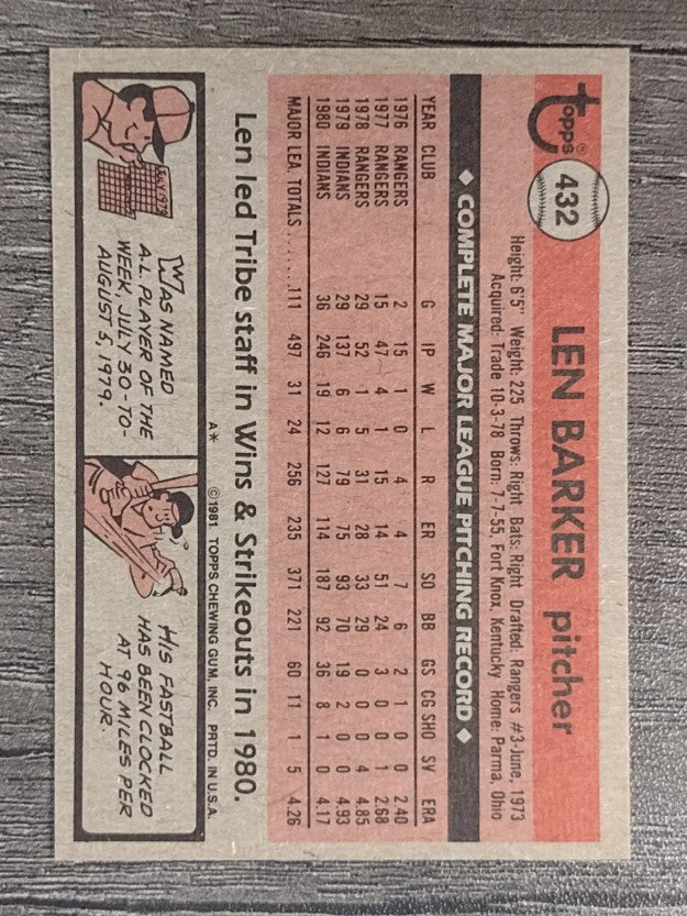 1981 Topps #432 Len Barker