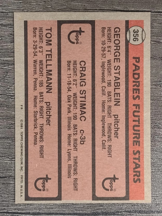 1981 Topps #356 George Stablein RC/Craig Stimac RC/Tom Tellmann RC