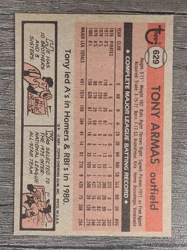 1981 Topps #629 Tony Armas