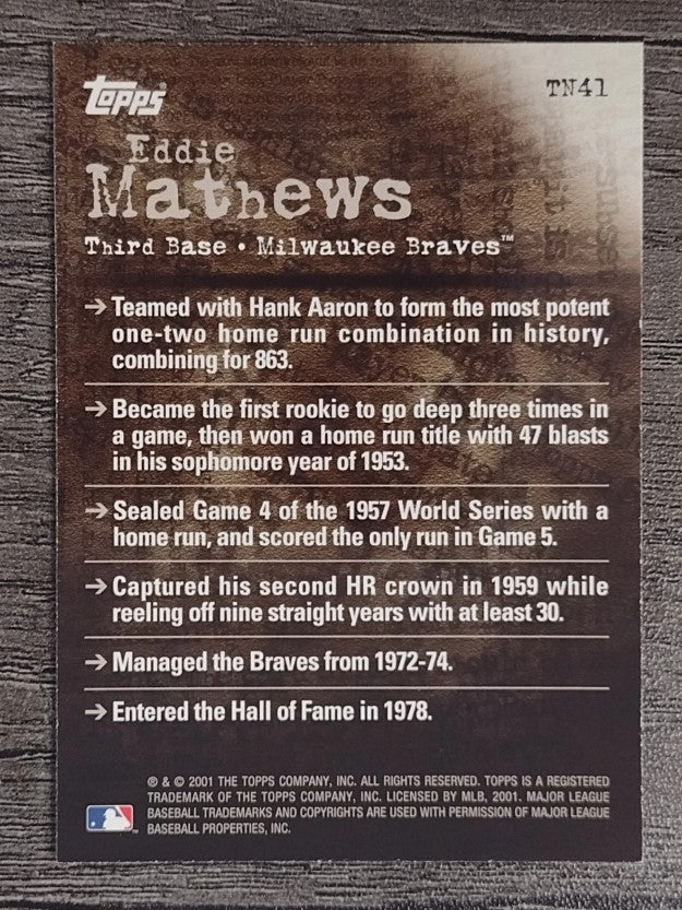 2001 Topps Noteworthy #TN41 Eddie Mathews