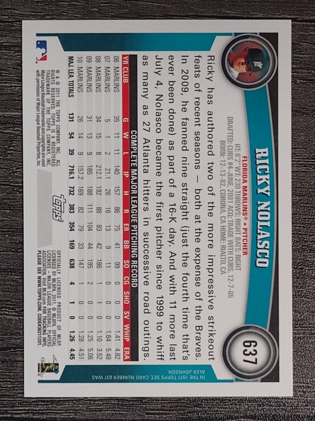 2011 Topps #637 Ricky Nolasco