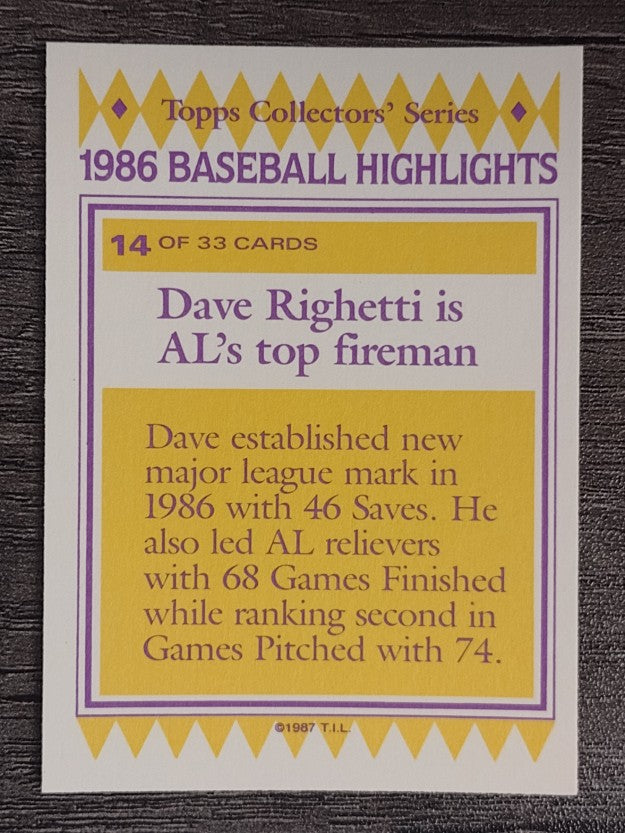 1987 Woolworth's Topps #14 Dave Righetti